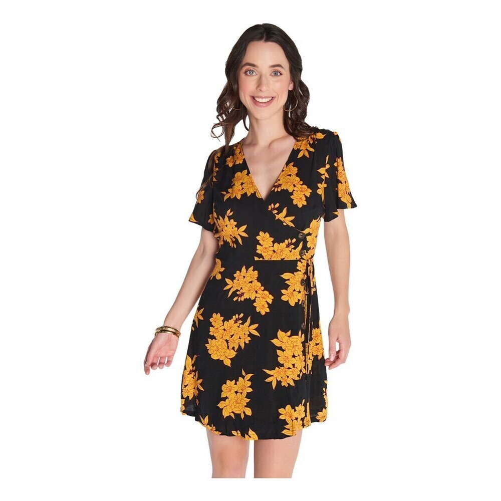 All In Favor Women's Short Sleeve Wrap Dress In Orange Black Floral Print Size S